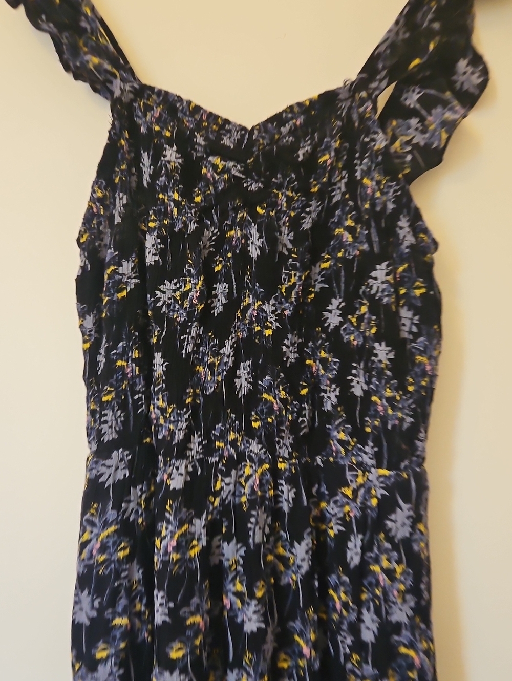 RD Style Black Floral Smocked Romper with Yellow and Gray Print